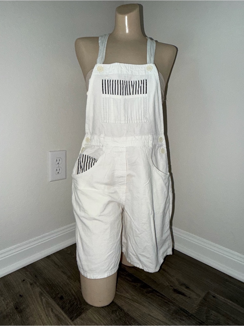 White Short Overalls with Striped Pocket Accents